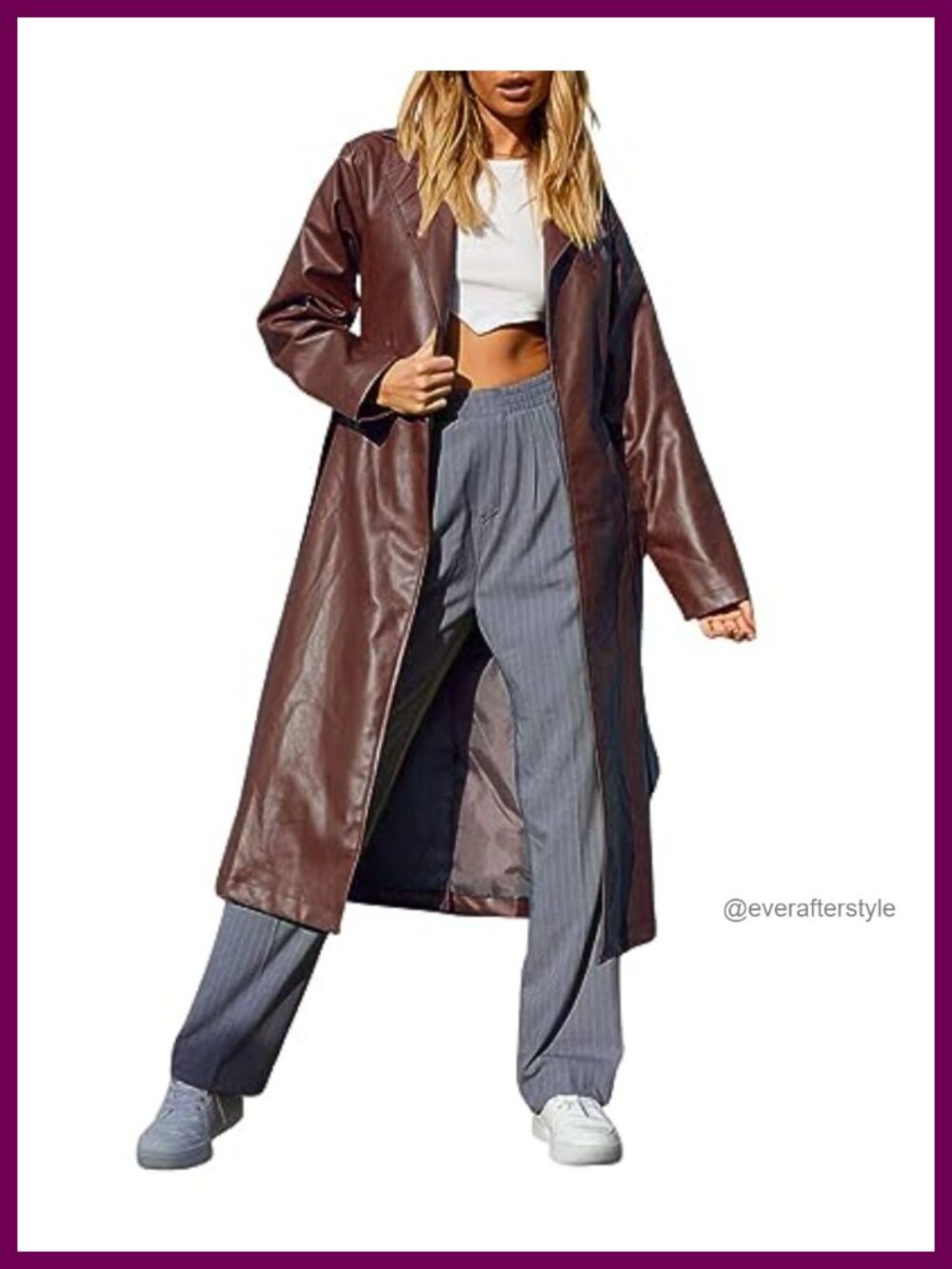 PU Faux Leather Long Trench Coat Open Front Belted